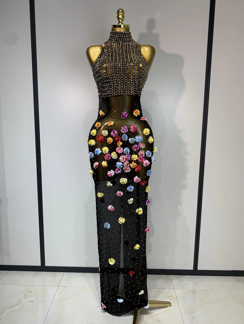 Luxury Women Beaded High-Neck Black Sheer Dress with Multicolor Floral Appliqués